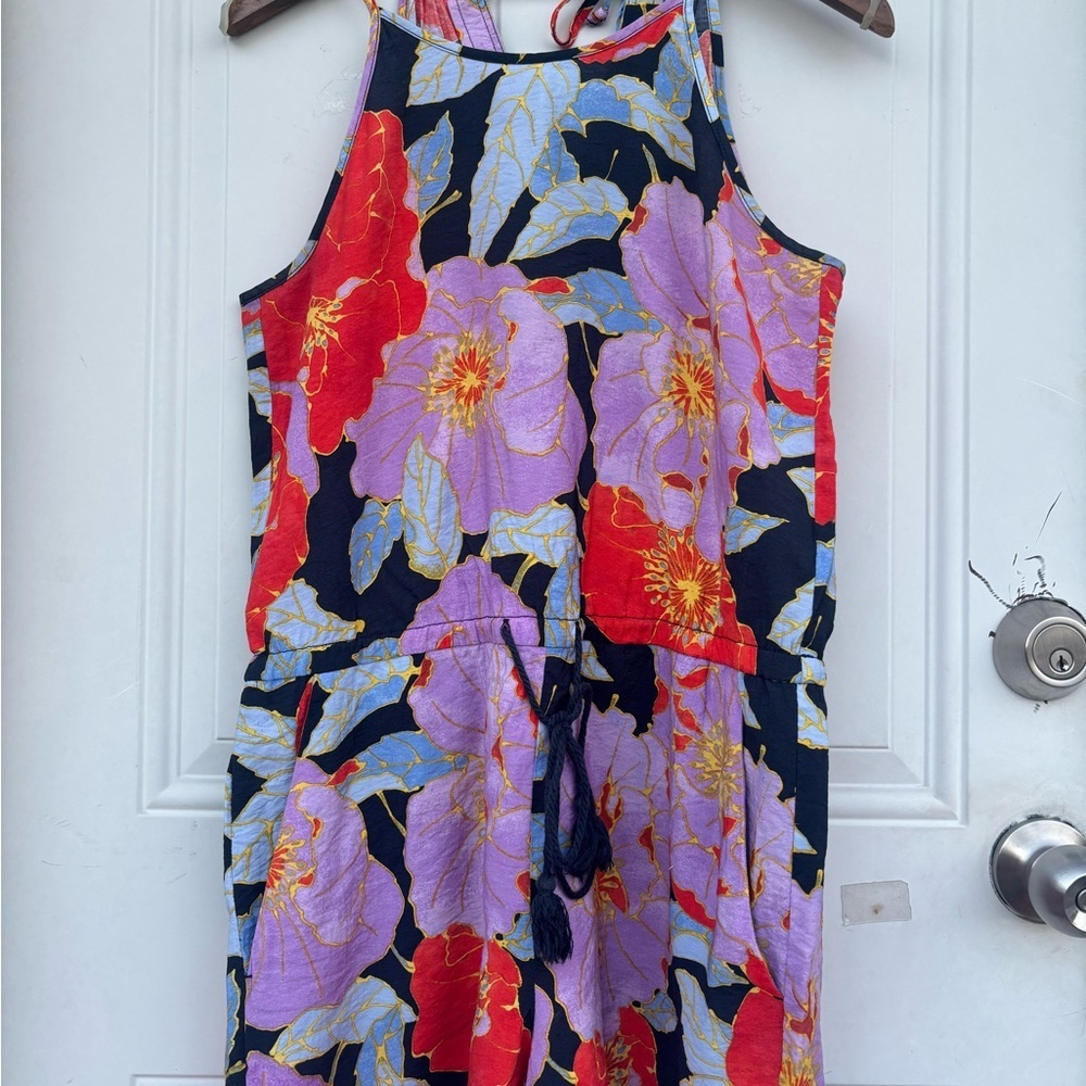 LOFT Black Floral Halter Romper with Purple & Red Accents